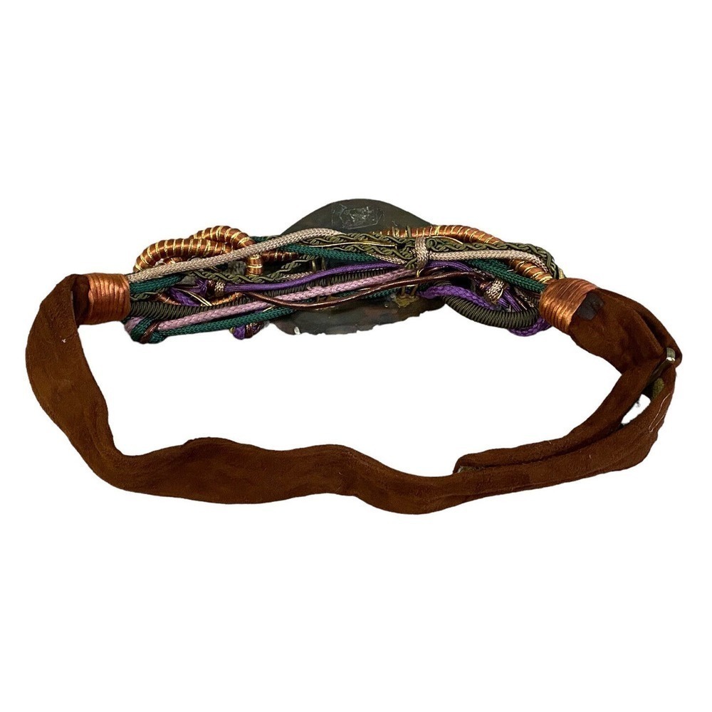 Vintage 80s Boutique Large Stone Rock Braided Rope Knotted Brass Gold Suede Belt - Picture 6 of 10